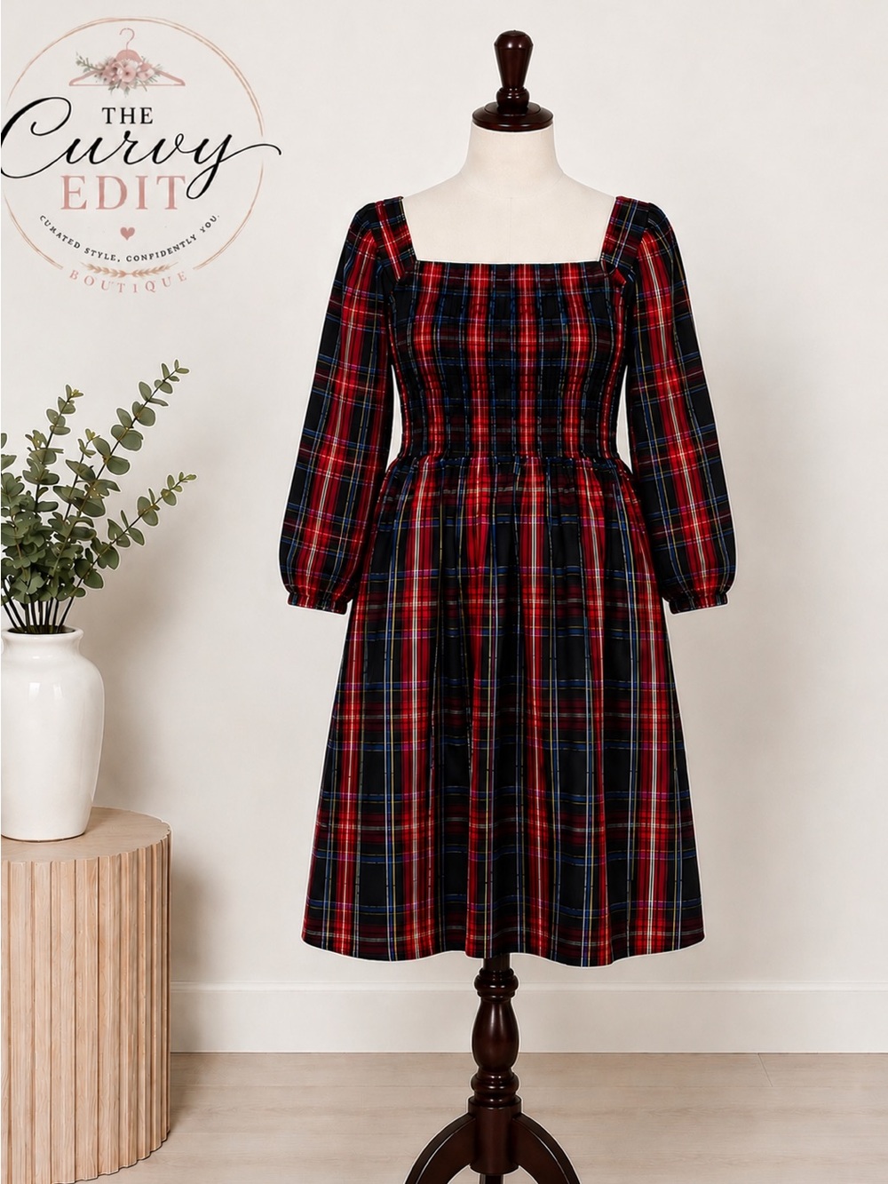 Draper James RSVP Plaid Smocked Dress 2X Long Sleeve Square Neck Cottagecore